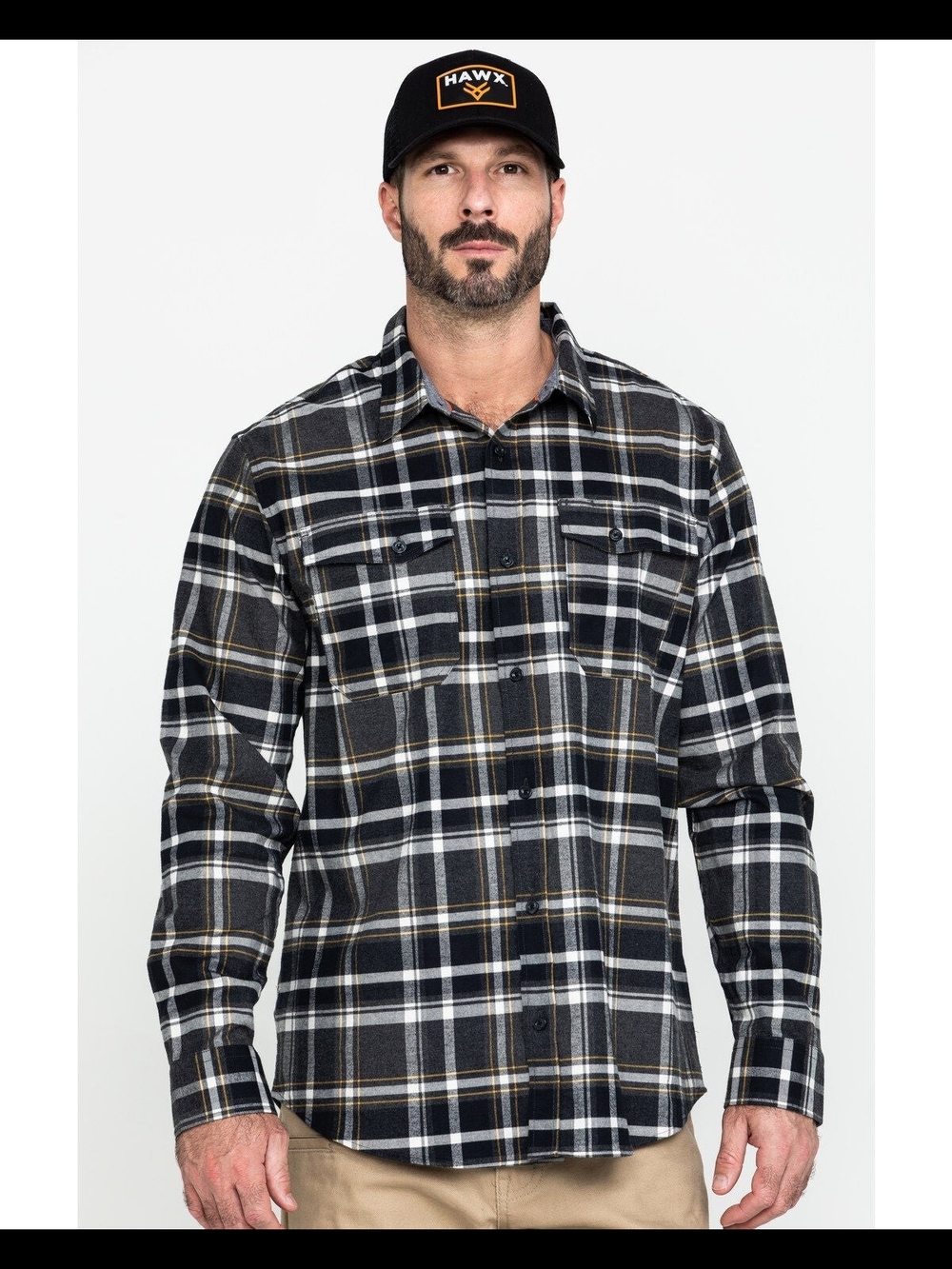Hawx Men's Grey Berm Stretch Plaid Long Sleeve Flannel Work Shirt